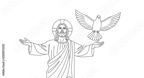 Jesus Christ with outstretched arms and dove.