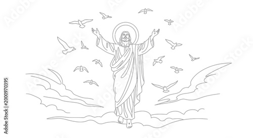 Jesus Christ with outstretched arms standing.