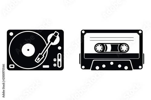 Turntable and cassette tape silhouette icon with record player, turntable