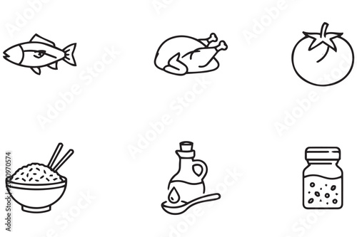 Food icons set fish chicken tomato rice and condiments illustration