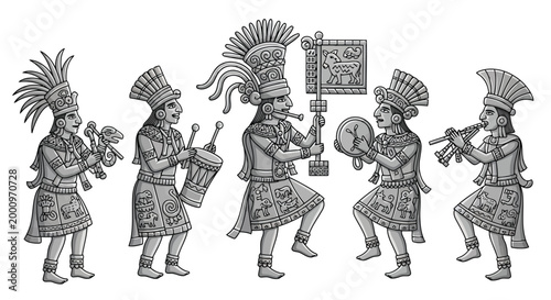 Ancient Aztec warriors and musicians performing ceremonial music with traditional instruments isolated on white background