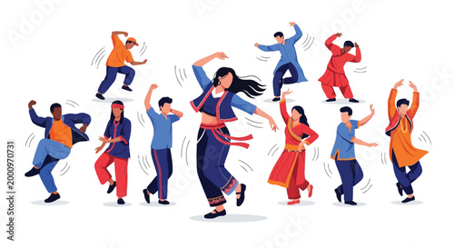 Diverse group of young people performing energetic modern dance moves in a stylized flat illustration isolated on white background
