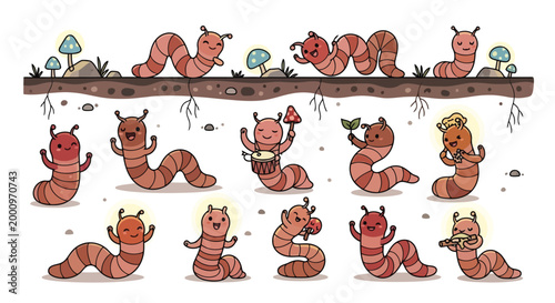Cute earthworm characters playing musical instruments and having fun in an underground setting isolated on white background