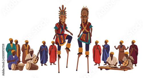 Traditional African dancers on stilts and musicians playing acoustic instruments in cultural attire isolated on white background