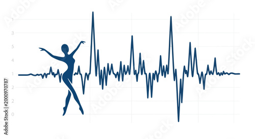Female ballerina silhouette integrated with a heartbeat frequency graph on a clean white background isolated on white background