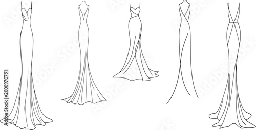 Set of five minimalist line art wedding dress fashion sketches, elegant bridal gown silhouettes in a continuous single line style, modern wedding dress collection vector illustration.