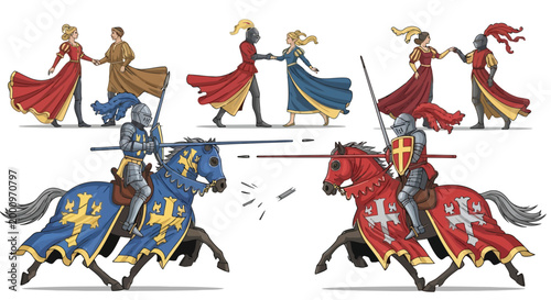 Medieval knights jousting and noble couples dancing in a detailed historical fantasy illustration isolated on white background
