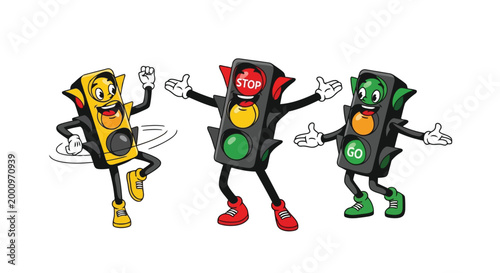 Traffic light characters signaling stop go and caution illustration isolated on white background