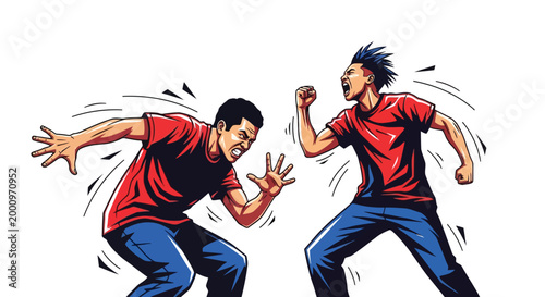 Two men in confrontation aggressive stance illustration isolated on white background