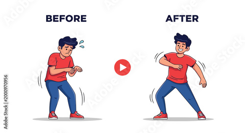 Sad man transforms into happy energetic dancer illustration isolated on white background