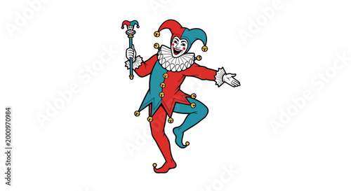 Jester character in red and blue costume dancing illustration isolated on white background