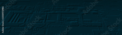 A technological vector background of thousands of glowing dots forms a complex circuit and electronic components reminiscent of a microchip or electronic circuit board.