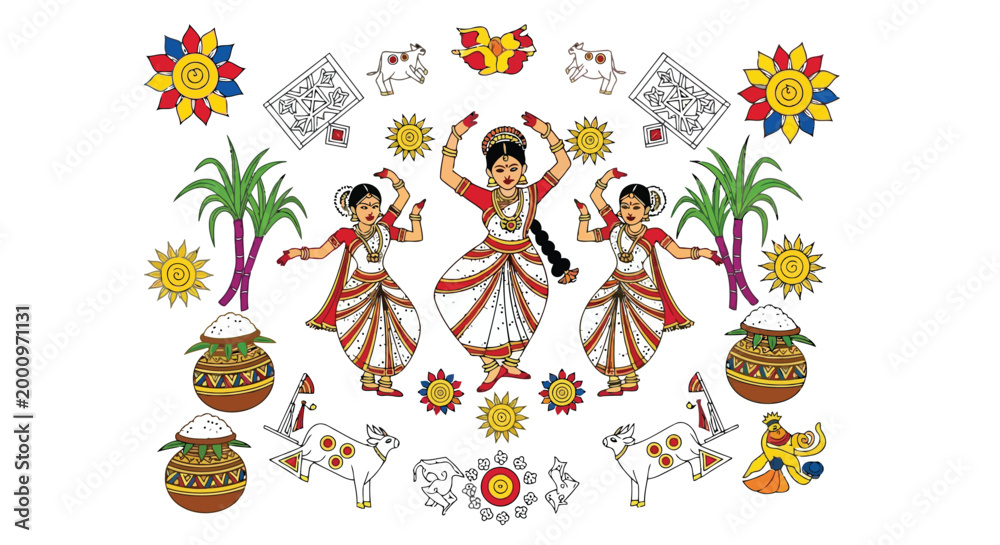 Fototapeta premium Indian classical dancers celebrating Pongal festival with traditional motifs isolated on white background