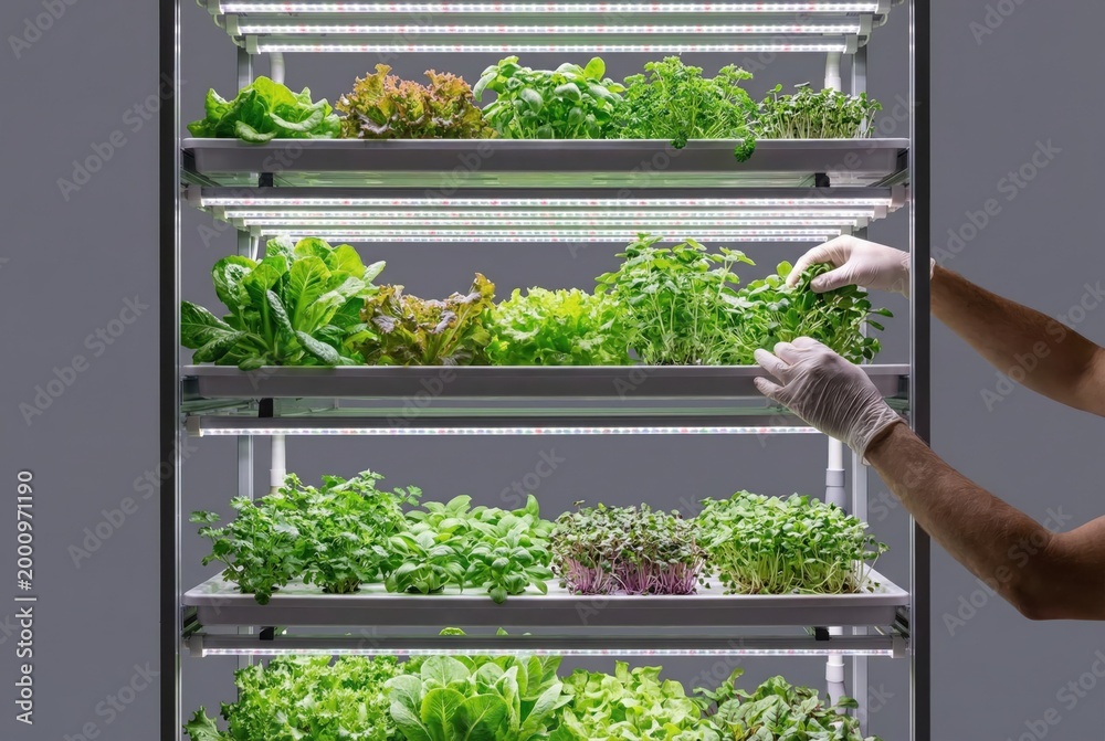 Fototapeta premium Innovative urban gardening with hydroponic system showcasing diverse leafy greens under LED lights emphasizing sustainability and efficient food production techniques