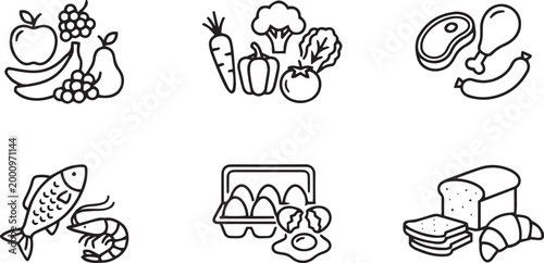 Variety of food items fruits vegetables protein and grains illustrated
