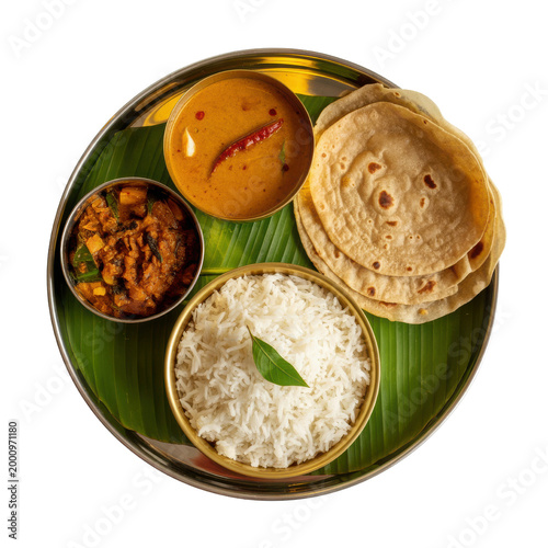 traditional indian thali meal with rice, roti, dal, pickle, and curry isolated on transparent background