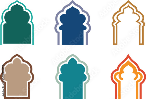 Collection of six unique Islamic mihrab icons for prayer direction