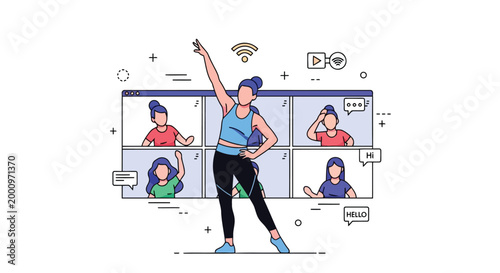 Woman leading online fitness class via video conference with participants isolated on white background