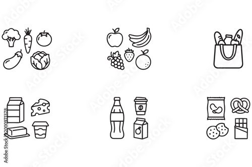 Grocery shopping and healthy food choices a collection of line icons