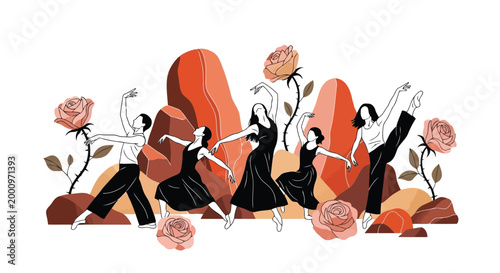 Ballet dancers gracefully performing amidst abstract shapes and roses isolated on white background