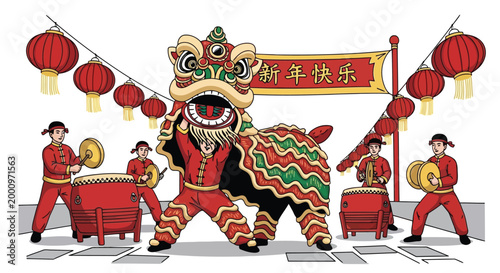 Chinese New Year lion dance performance with drummers and lanterns isolated on white background