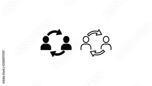 team collaboration icon set with people and circular arrows communication process partnership concept minimal black outline vector design