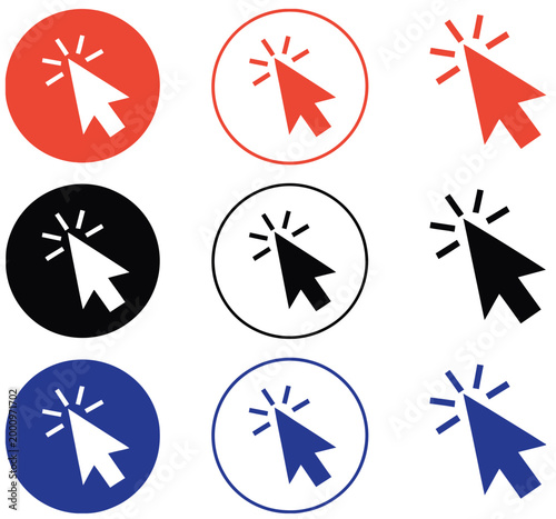Mouse click cursor icons collection, nine arrow pointer symbols in red black blue on transparent background vector illustration for UI/UX design.