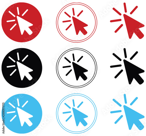 Mouse click cursor icons collection, nine arrow pointer symbols in red black blue on transparent background vector illustration for UI/UX design.