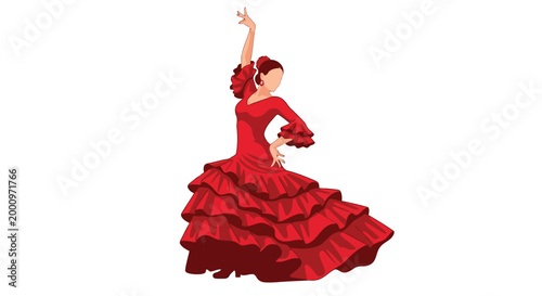 Flamenco dancer in red dress performing elegant movement illustration isolated on white background