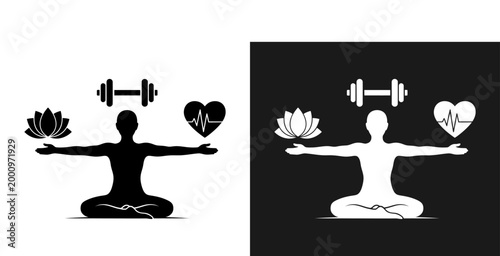 Yin and yang representation with figures weights and hearts in black and white