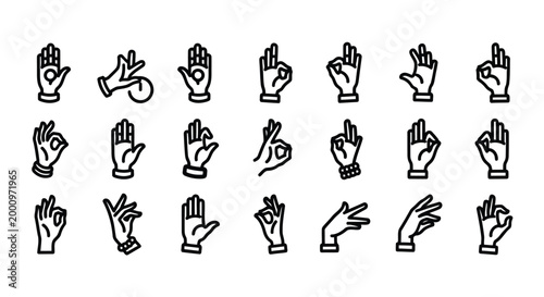 Collection of hand gestures mudras and signs in outline style isolated on white background