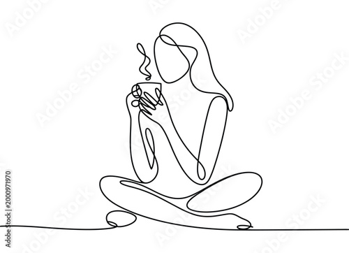 One line drawing woman sitting crosslegged holding cup of coffee or tea  minimalist art  simple illustration