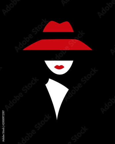 Red hat covers her face, mysterious and bold. White collar frames her lips, sharp and poised. Black background isolates her form, sleek and silent. She whispers secrets, eyes hidden, gaze unyielding