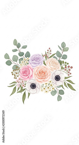:
Watercolor Floral Bouquet Vector with Pink Peach Roses Anemone Eucalyptus Greenery Wedding Invitation Design