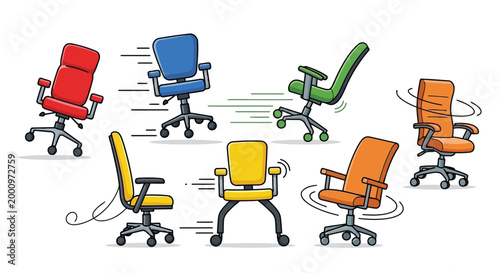 Office chairs in motion scattered in dynamic arrangement illustration isolated on white background