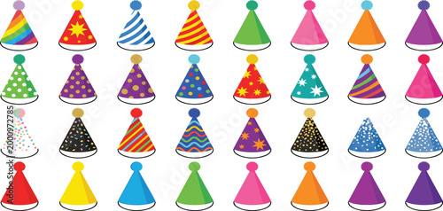Colorful party hat vector icon set featuring various patterns like stripes polka dots and stars for birthday celebration and festive holiday event decoration design,