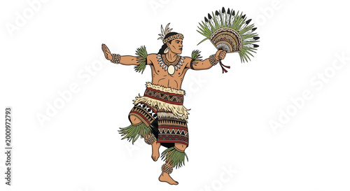 Indigenous man in traditional attire performing a ceremonial dance illustration isolated on white background