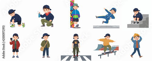Set of Cartoon Boys in Various Urban Street Activities, Skateboarding, Graffiti, and Lifestyle Poses