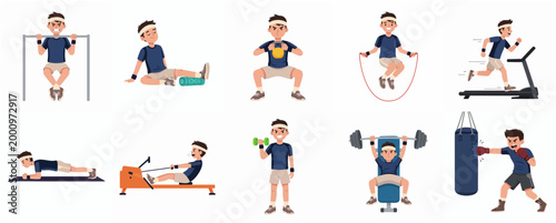 Cartoon Fitness Character Set: Various Gym Exercises and Workout Activities for Men