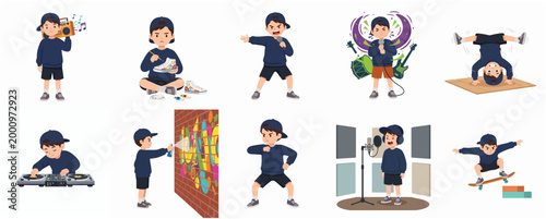Cute Boy Character Engaged in Various Hip-Hop Activities Set Vector Illustration