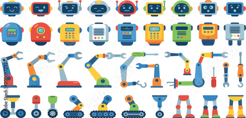 Colorful robot construction kit vector set featuring expressive screen heads robotic arms legs and mechanical tools for creative character design and education,