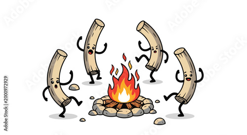 Cartoon pasta shapes dancing around a campfire illustration isolated on white background