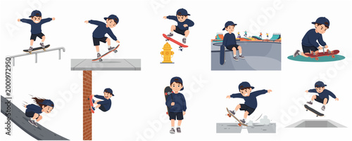 Vector Illustration of Skateboarder Boy Character in Different Action Poses and Skateboarding Tricks