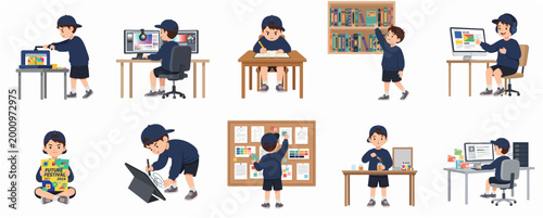 Set of Cartoon Boy Characters Engaged in Creative Professions and Technical Skills like Graphic Design, 3D Printing, and UI/UX Development