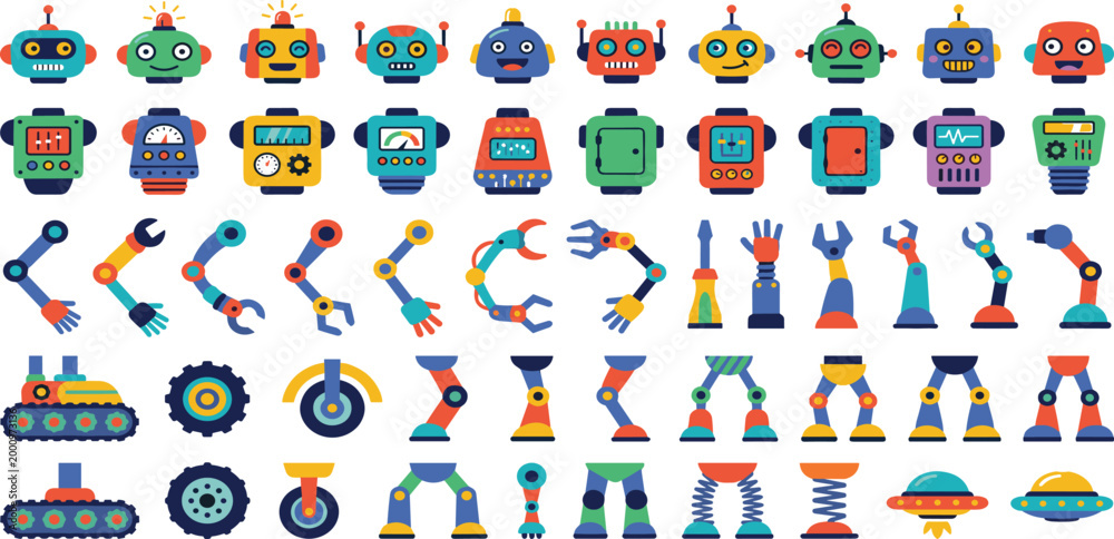 Fototapeta premium Colorful robot construction kit vector set featuring friendly heads torsos mechanical arms legs and wheels for creative character design and education,