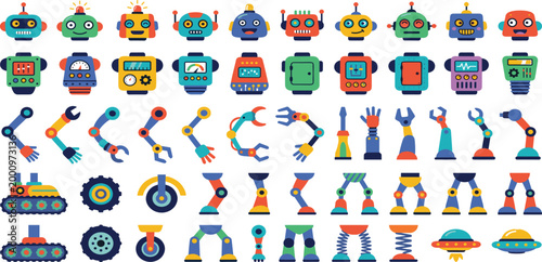 Colorful robot construction kit vector set featuring friendly heads torsos mechanical arms legs and wheels for creative character design and education,