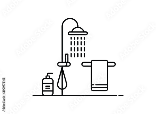 Shower head with water droplets and towel and soap bottle on shelf  bathroom accessories