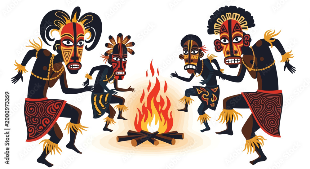 Fototapeta premium Tribal dancers performing around a bonfire at night isolated on white background