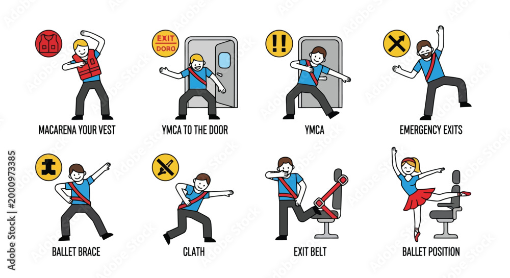 Fototapeta premium Instructional icons demonstrating safety procedures in a humorous style isolated on white background