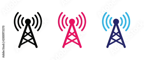 Colorful radio tower icons with signal waves